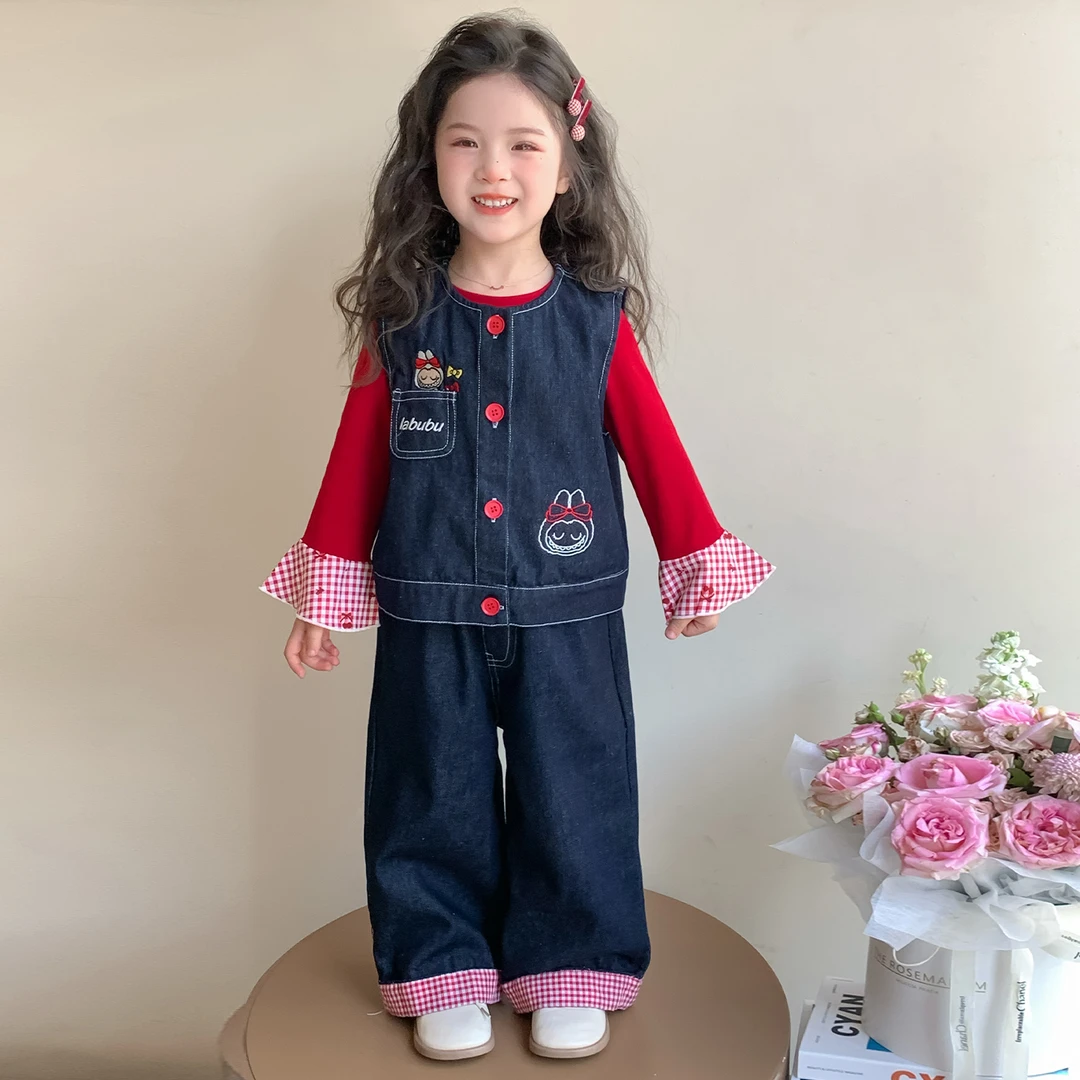 拉布布女童套装秋季2025新款儿童小女孩春秋labubu牛仔马甲三件套