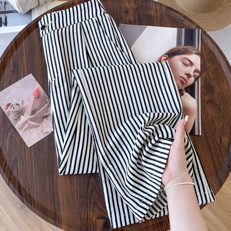 拉夏贝尔黑白条纹阔腿裤女薄款2025夏季新款高腰小个子窄版直筒裤