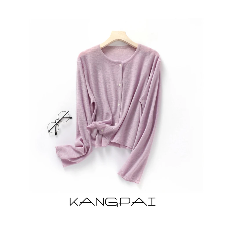 【空调防晒衫】肌理感新款竹节麻针织开衫微透舒服透气贝壳扣上衣女