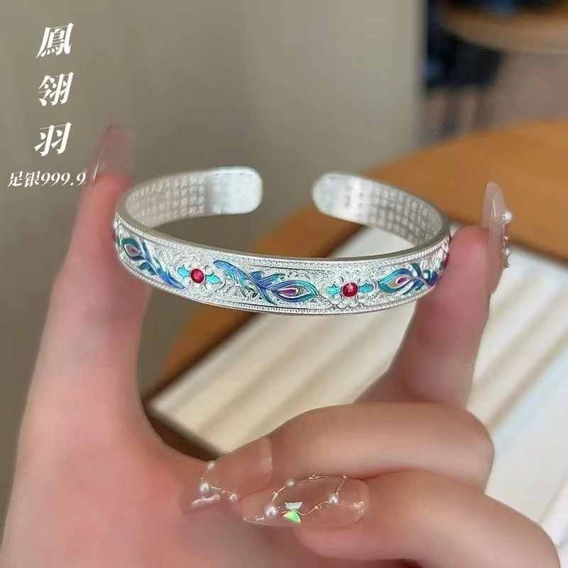 足银手镯 999.9银凤羽心经手镯新中式开口珐琅彩银手镯