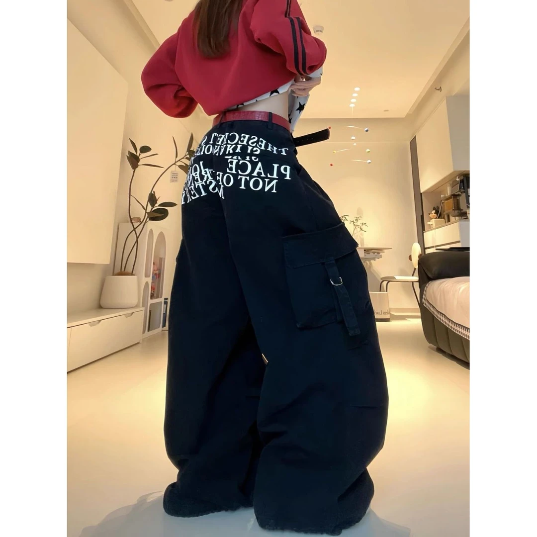 美式vibe大码水洗字母印花工装牛仔裤女街头直筒宽松阔腿长裤子潮