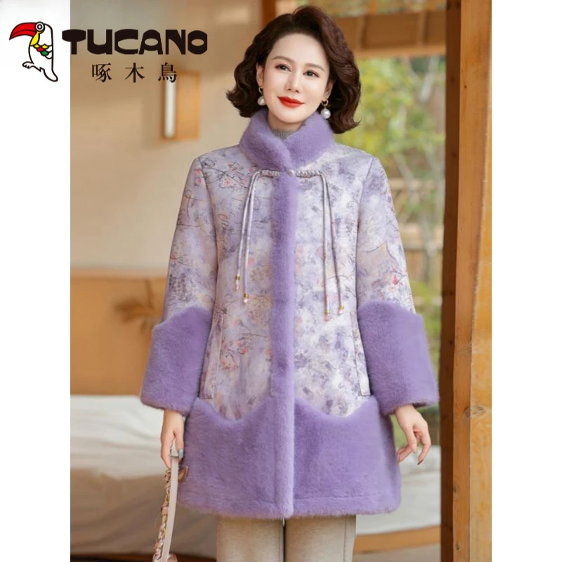 啄木鸟鸟中老年女装冬装中长款外套洋气妈妈新中式水仿貂绒大衣加
