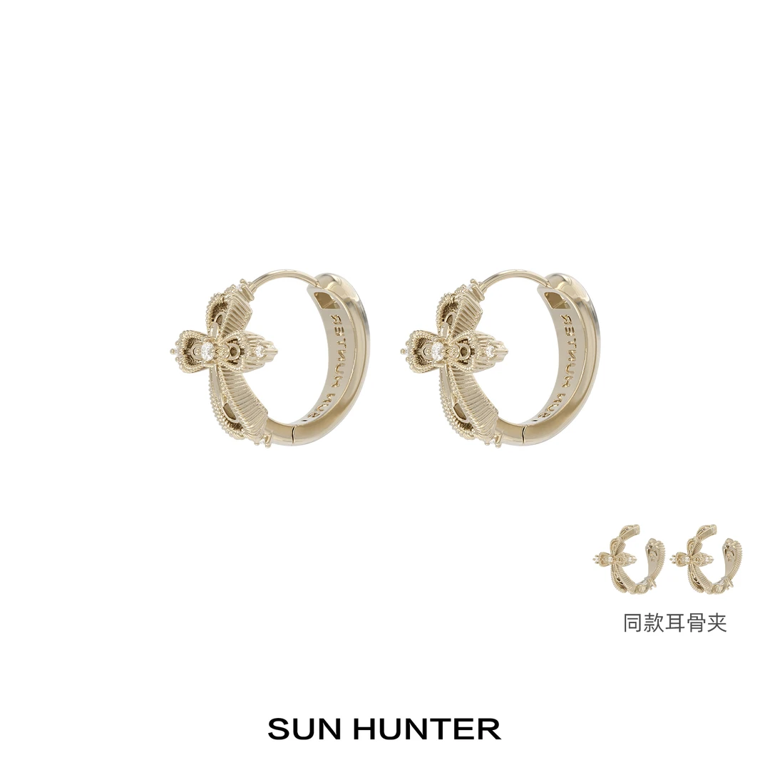 铜合金合成锆石耳饰 三横SUN HUNTER「蕾丝微光」原创十字架耳钉