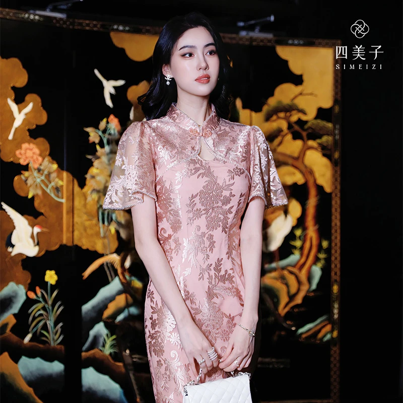 四美子【繁花漫】新款新中式旗袍感重工钻绣花蕾丝旗袍连衣裙外出