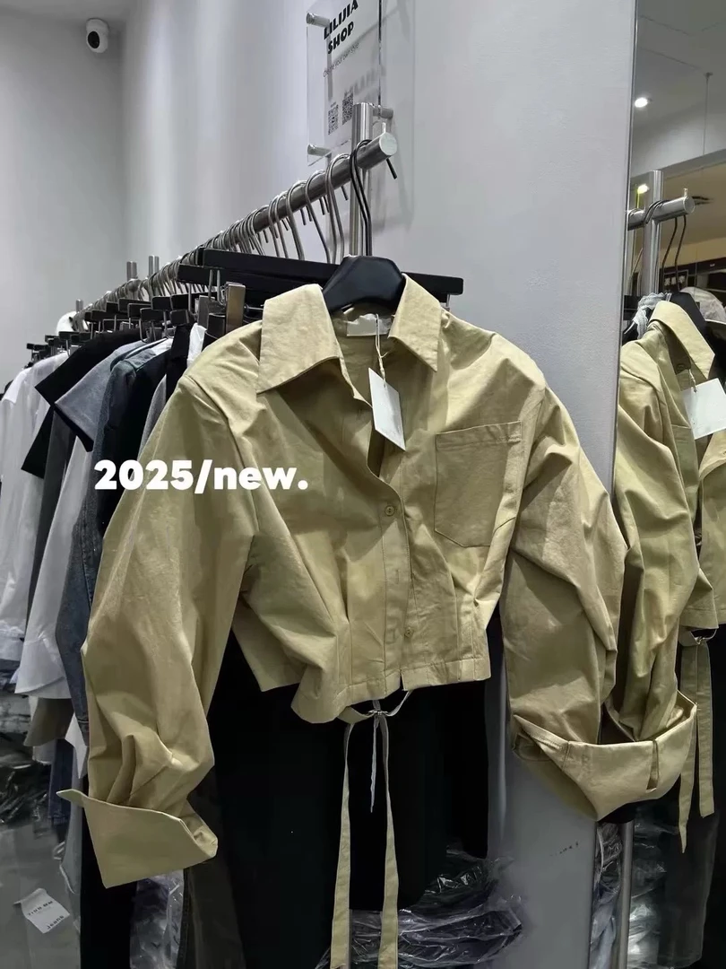 【大萱严选】韩版百搭显瘦后背系带漏腰收腰短款长袖衬衫女（有垫肩）