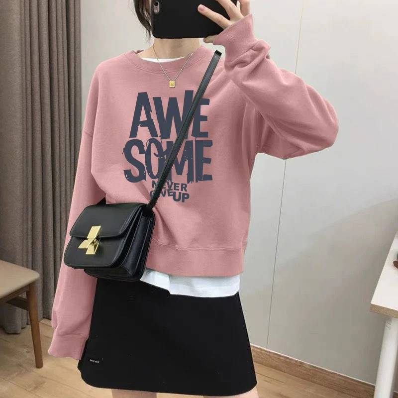 假两件圆领套头短款卫衣女加绒加厚秋冬上衣宽松小个子春秋薄款