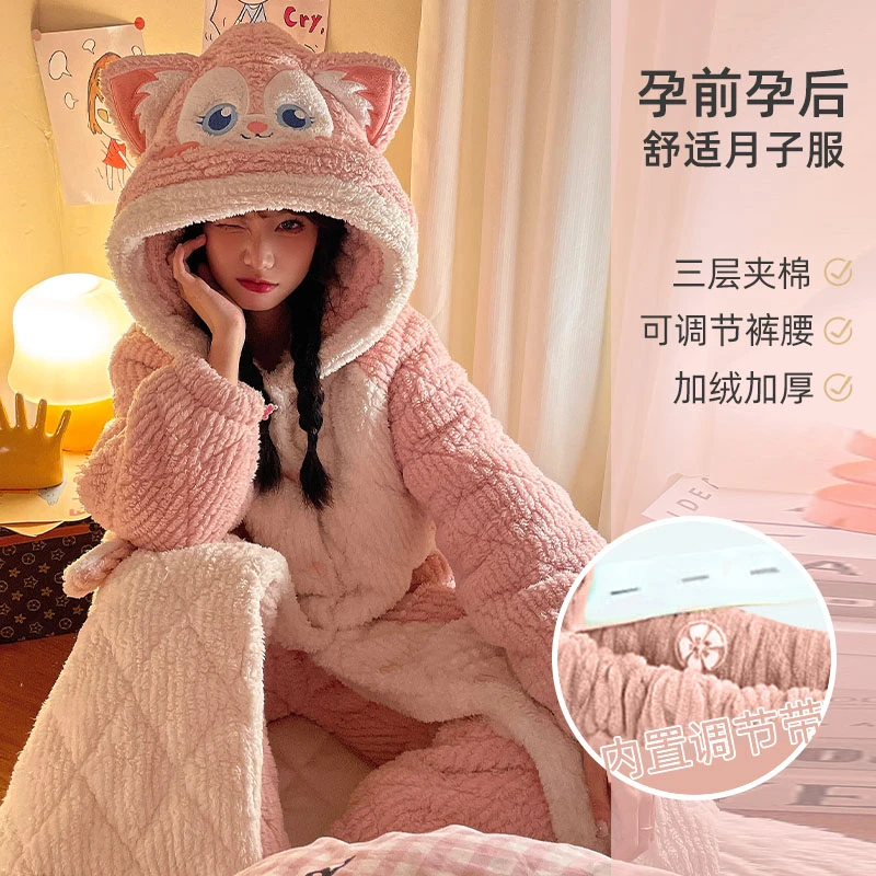 三层夹棉睡袍女加厚加绒珊瑚绒产后孕妇冬季套装法兰绒哺乳月子服