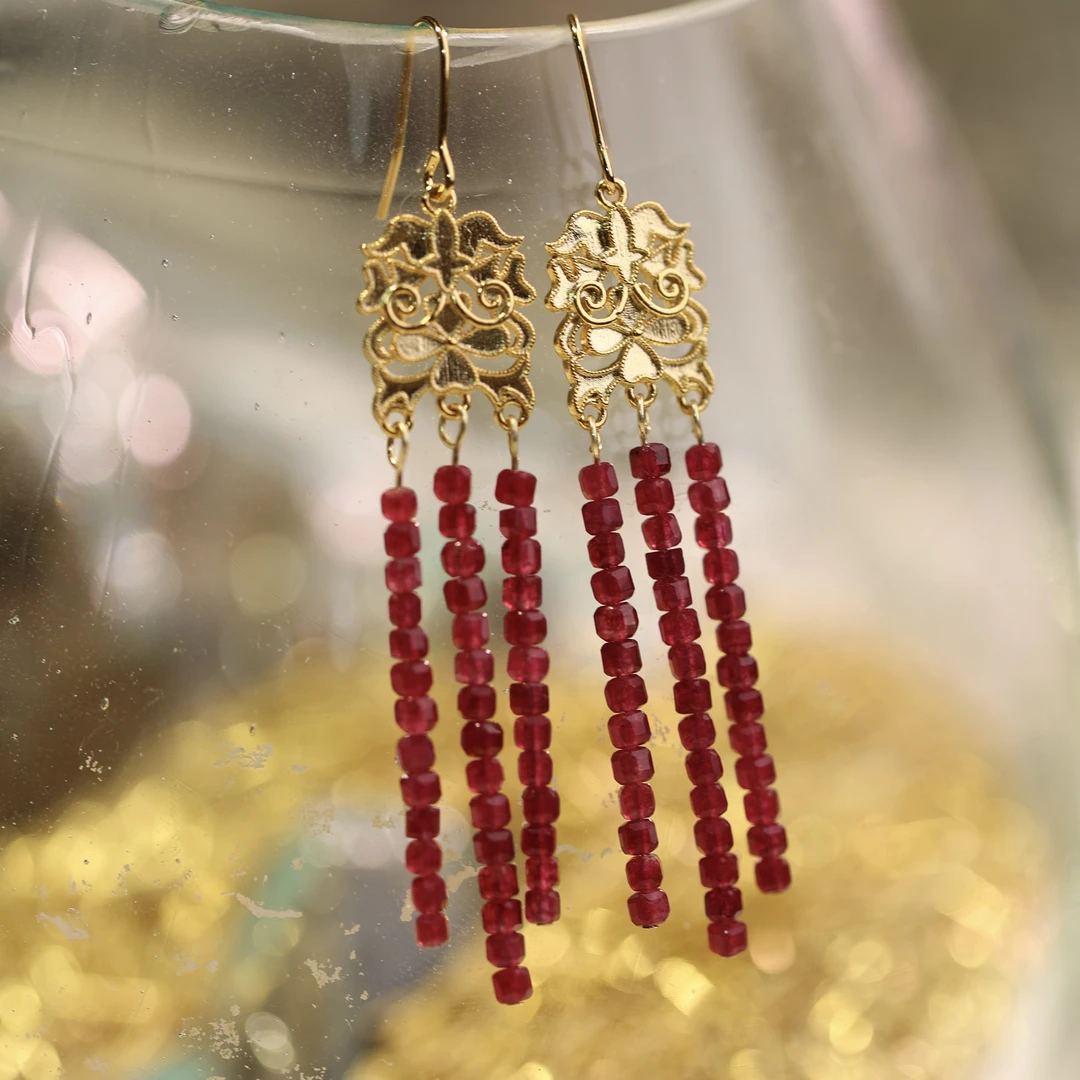 非金属合成锆石耳饰 红色拼接时尚耳坠【哎呦家18259】