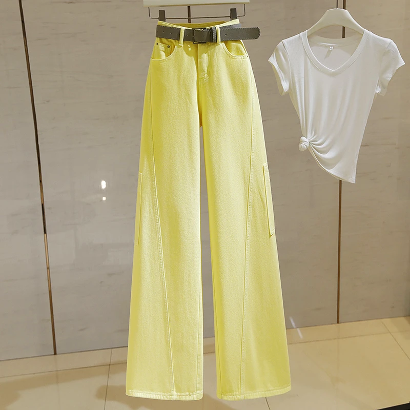 柠檬黄高腰阔腿牛仔裤女2025春季新款美式百搭宽松显瘦直筒工装裤