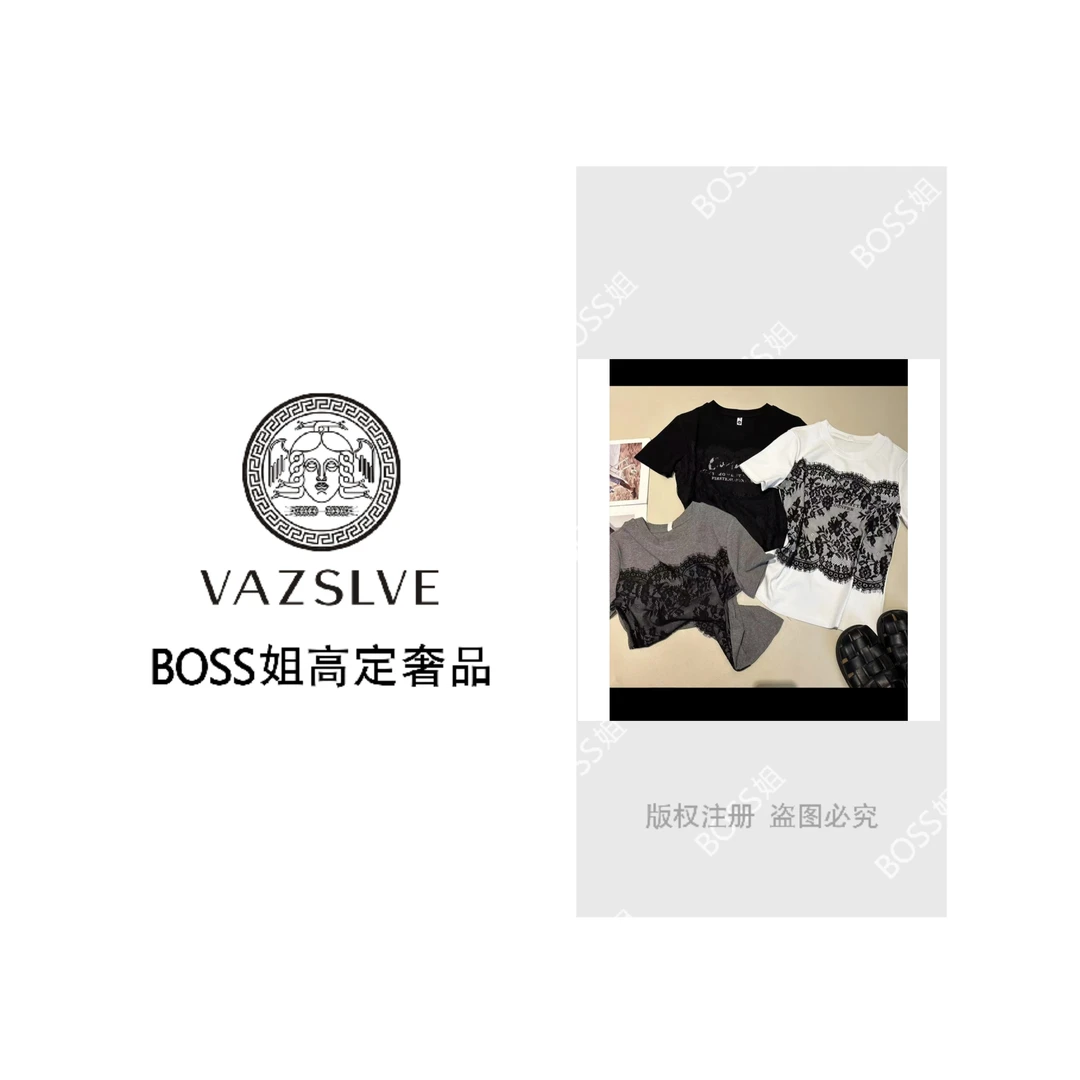 VAZSLVE/原创设计蕾丝拼接圆领休闲短袖小衫时尚小众上衣#5254