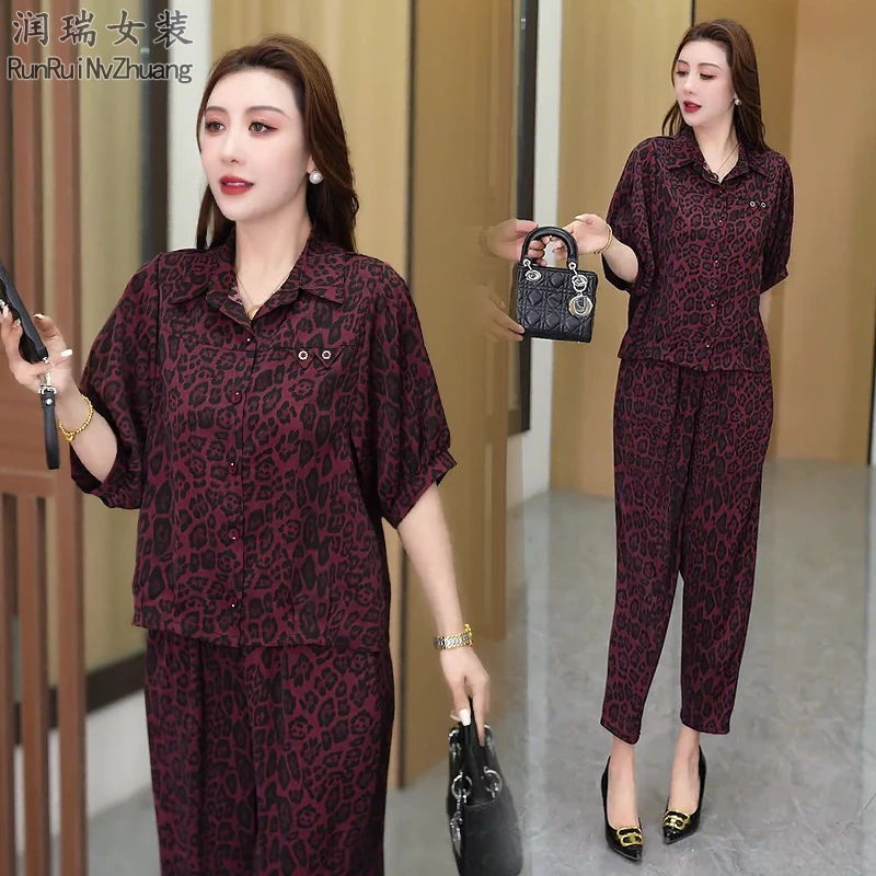 夏季宽松中国风时尚套装短袖东南亚风女装休闲风薄款上衣时尚豹纹