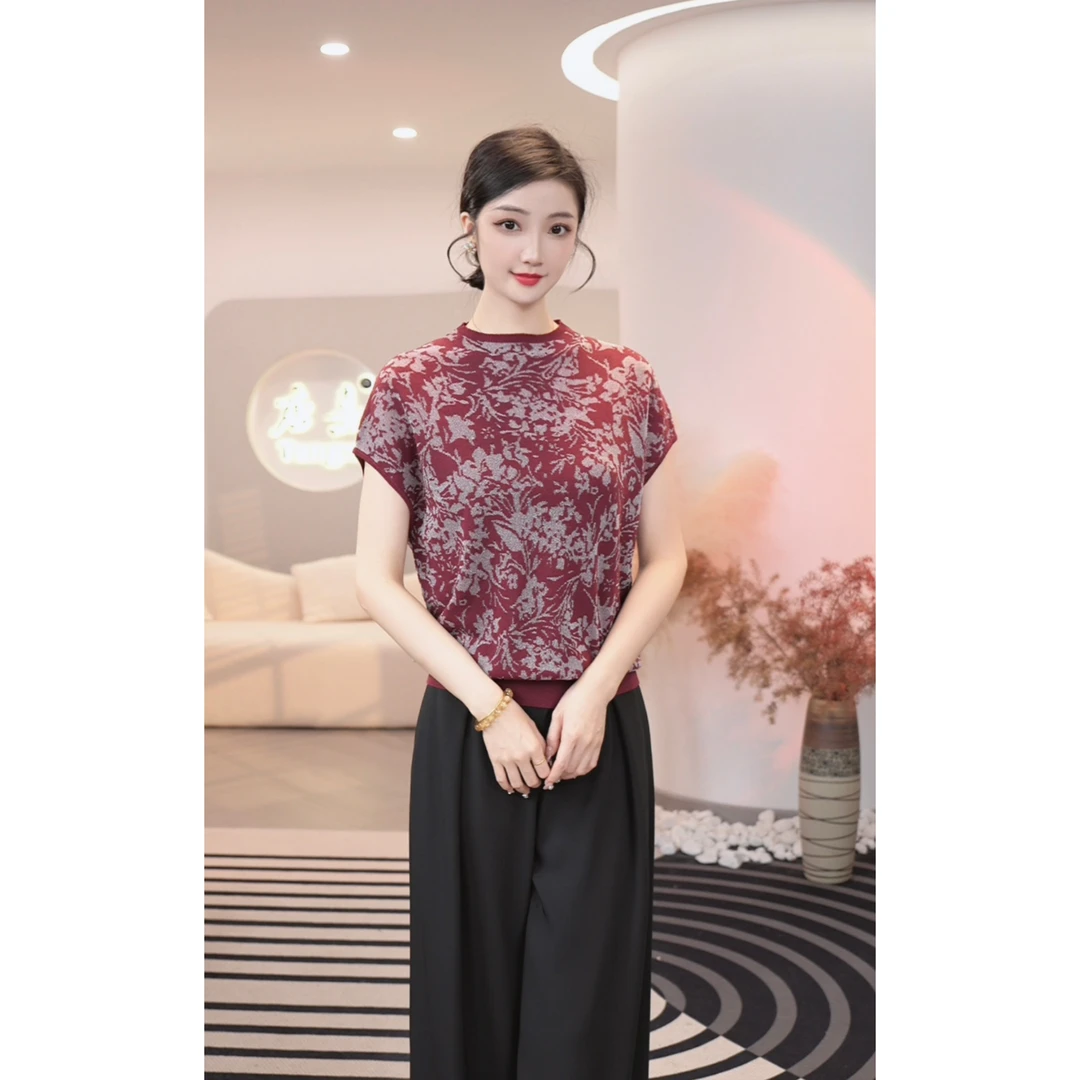 2025夏新款【7166】红色莱赛尔天丝印花圆领短袖显瘦百搭女装上衣