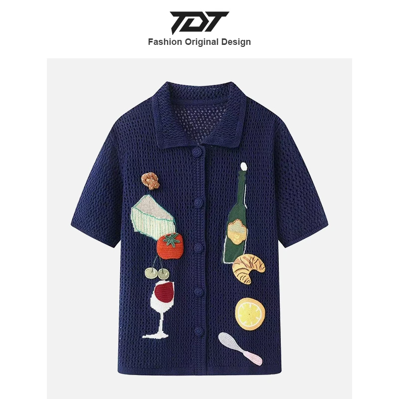 「TDT」立体手钩刺绣休闲翻领短袖开衫女士镂空薄款针织衫上衣潮