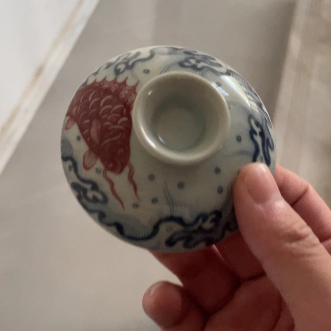 大***顺瓷片景德镇釉里红鱼化龙盖碗盖子