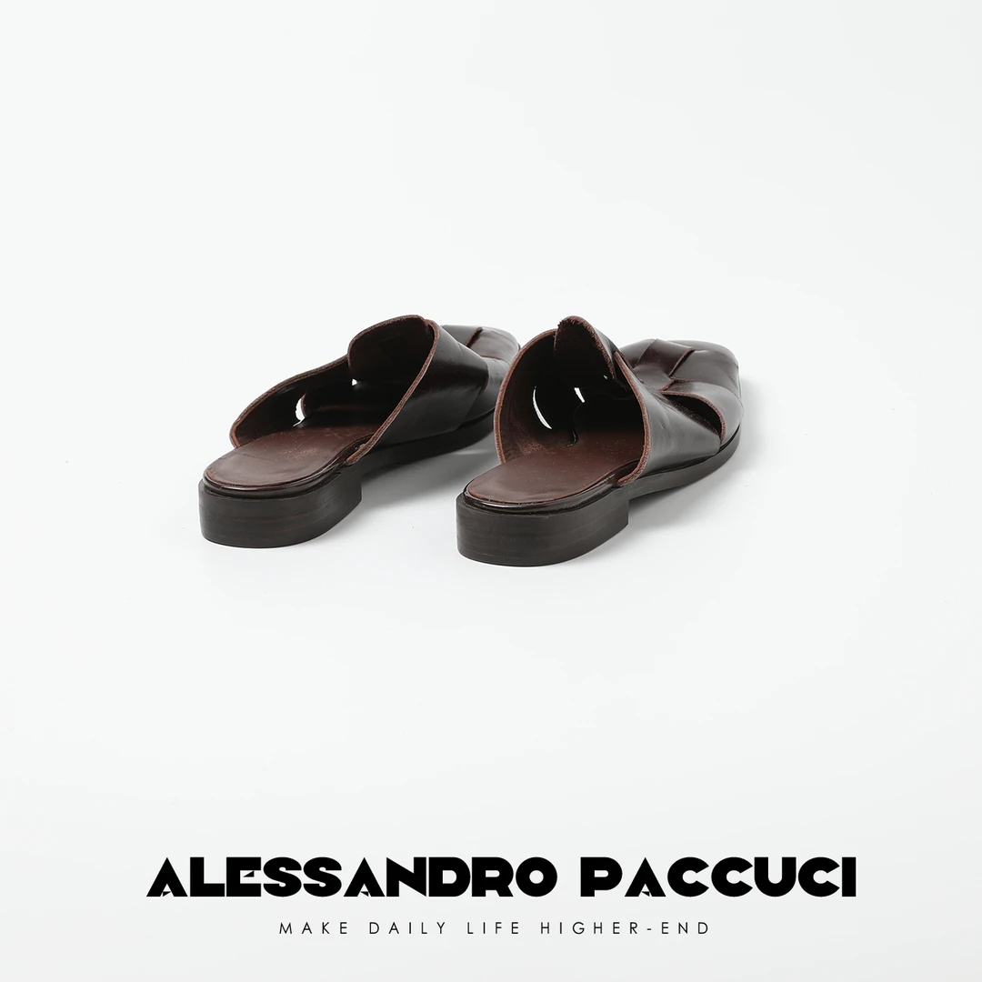 【孤品特价不退换】洛哥42008XT【光步】牛皮方头手工编织包头拖鞋