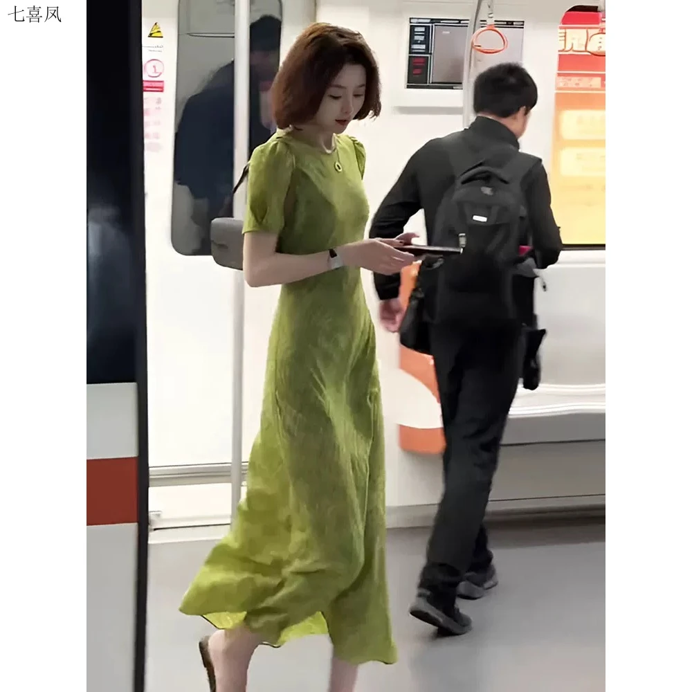 夏季新款复古法式优雅气质高腰纯色长裙女性超好看