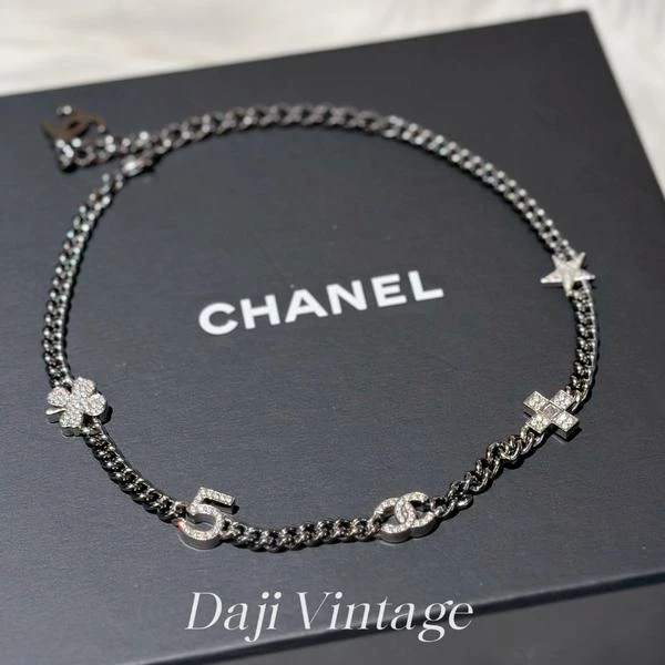 大吉中古/Chanel香奈儿枪黑色logo五花镶钻项链