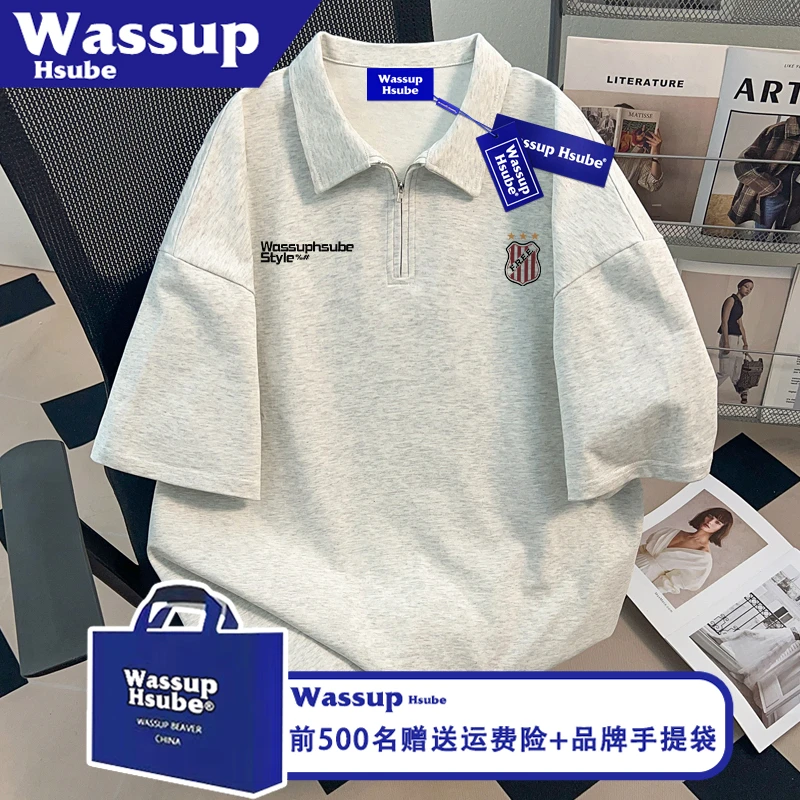 WASSUP HSUBE应季纯棉上衣篮球风印花POLO衫男女同款夏ins白灰T恤