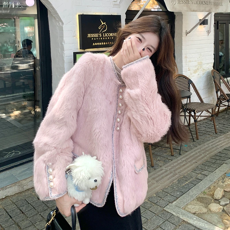 富家千金感小香风粉色气质毛绒羽绒服女2025冬季新款90白鸭绒外套