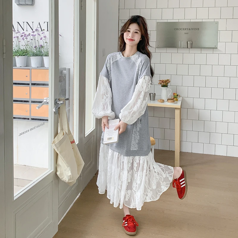 蕾丝拼接假两件卫衣裙女2025年春秋新款休闲宽松韩系慵懒风连衣裙