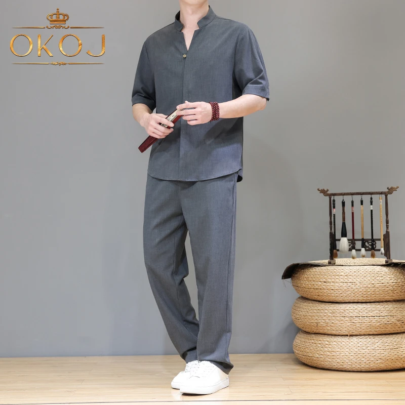 OKOJ天丝亚麻休闲套装男短袖透气亲肤夏季薄款国风棉麻运动两件套