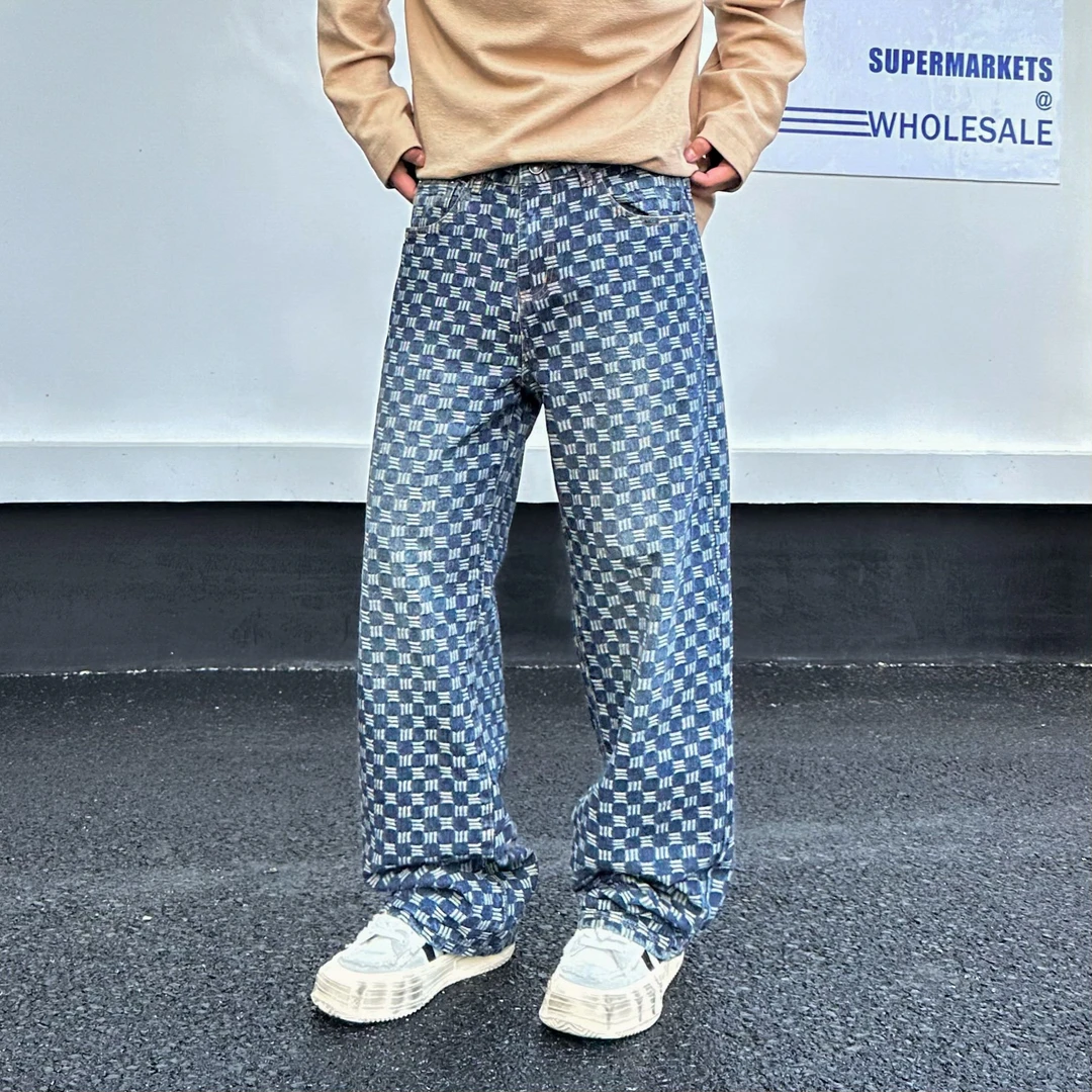 直筒牛仔裤男潮牌满印微喇裤痞帅男女同款新款长裤高级感休闲裤子