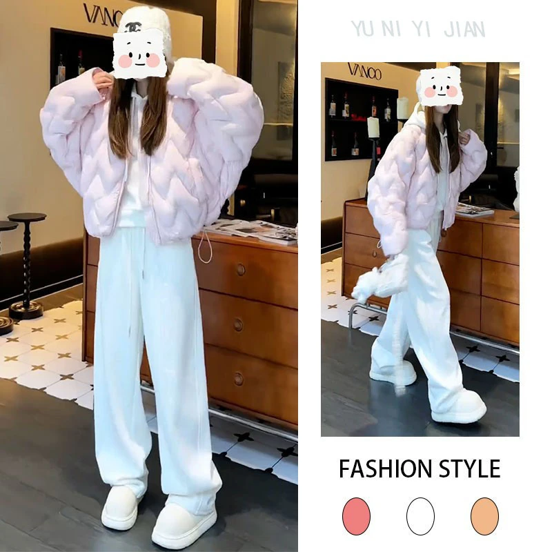 2025秋冬季新款设计感极简风棉服内搭加绒卫衣加绒休闲卫裤三件套