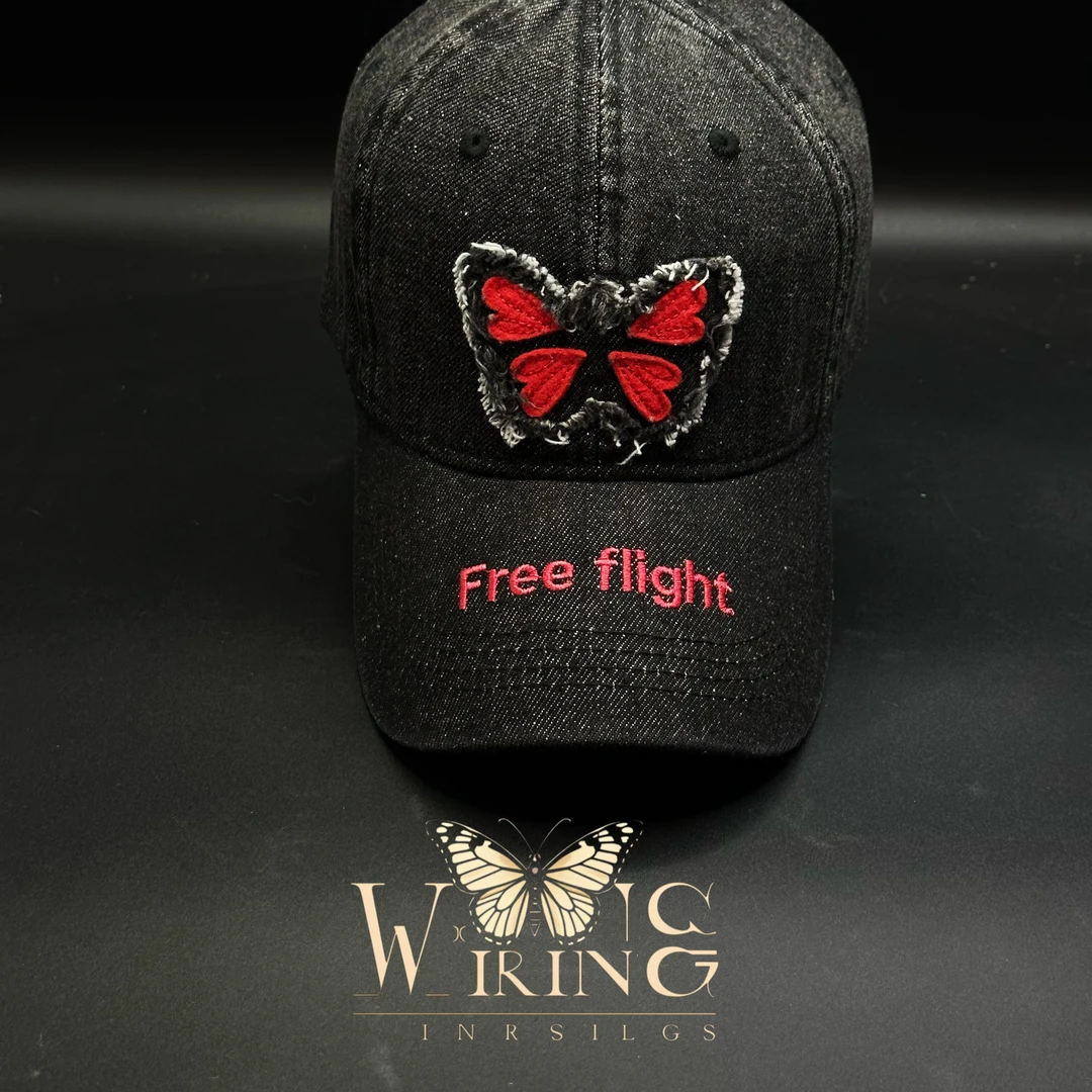 王大嘴原创 “红蝶”超酷水洗牛仔黑红磨毛蝴蝶棒球帽M562