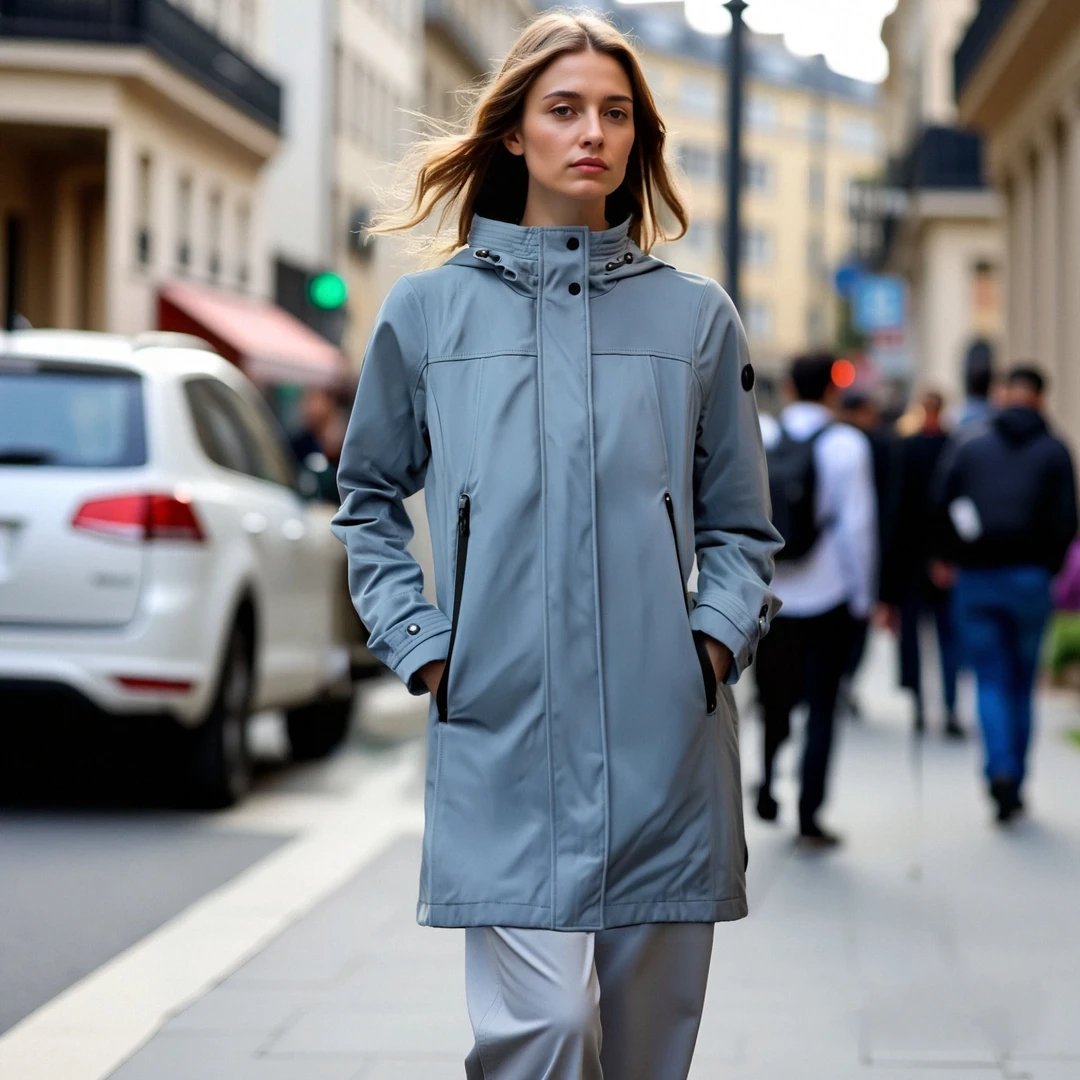 【高阶压胶】女士休闲时尚百搭通勤防风防水中长款连帽软壳风衣5021