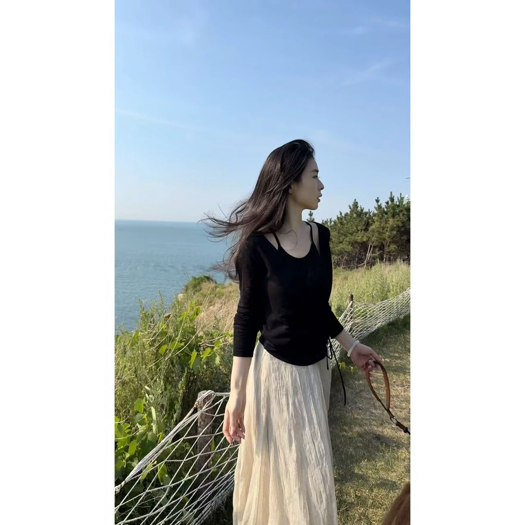 【暮色1】慵懒感交叉绑带假两件毛织针织上衣