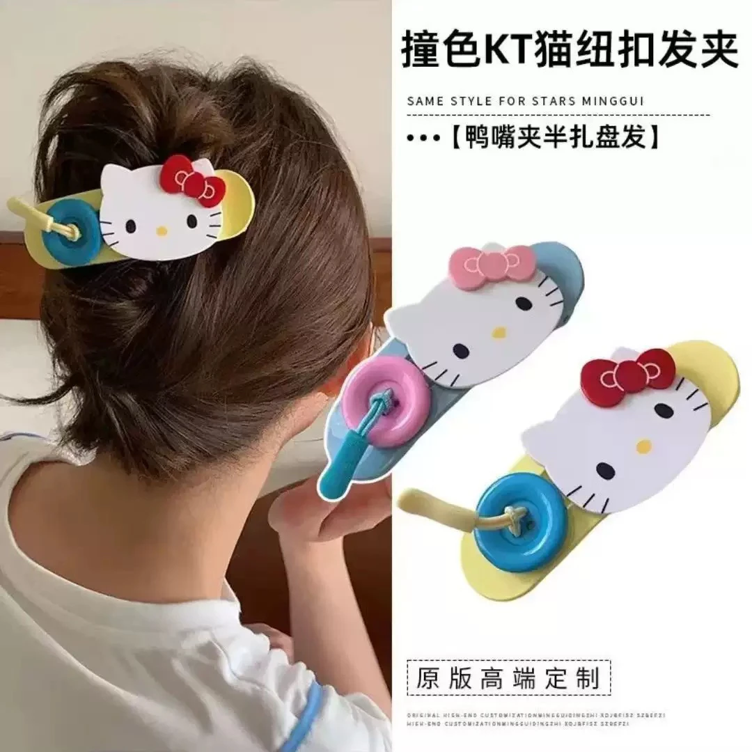 新款安全萌趣撞色KT猫咪纽扣发夹大号鸭嘴夹半扎盘发夹子发抓发饰