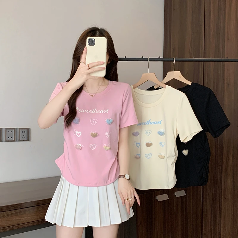 2025夏装新款胖mm大码女韩系甜美印花立体爱心别致短袖T恤A1262