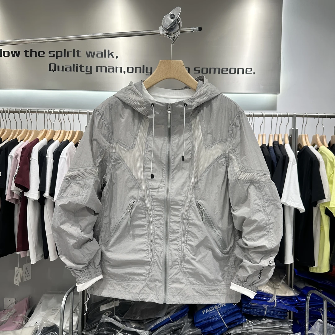 春夏季男士新款连帽防晒服时尚潮流拼接网眼休闲百搭个性上衣