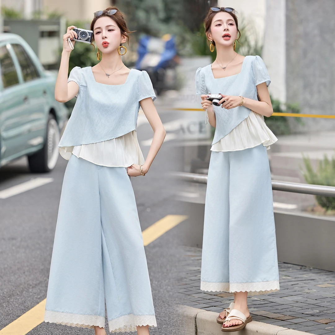 韩版休闲显瘦套装女2025夏季新款时尚洋气减龄蕾丝拼接阔腿裤套装