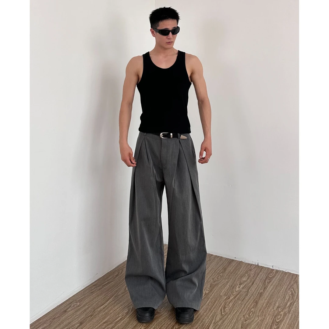 【高配版本】美式立体A字廓形双层褶弯刀西裤宽松cleanfit长裤潮男