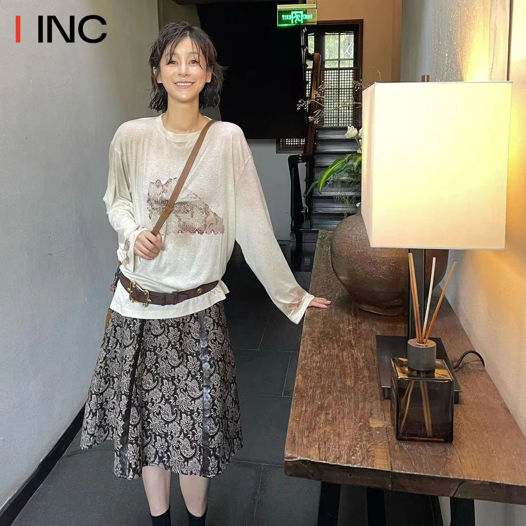 ICEDUST 脏染蕾丝长袖T恤女25AW秋冬新款圆领印花打底上衣IINC