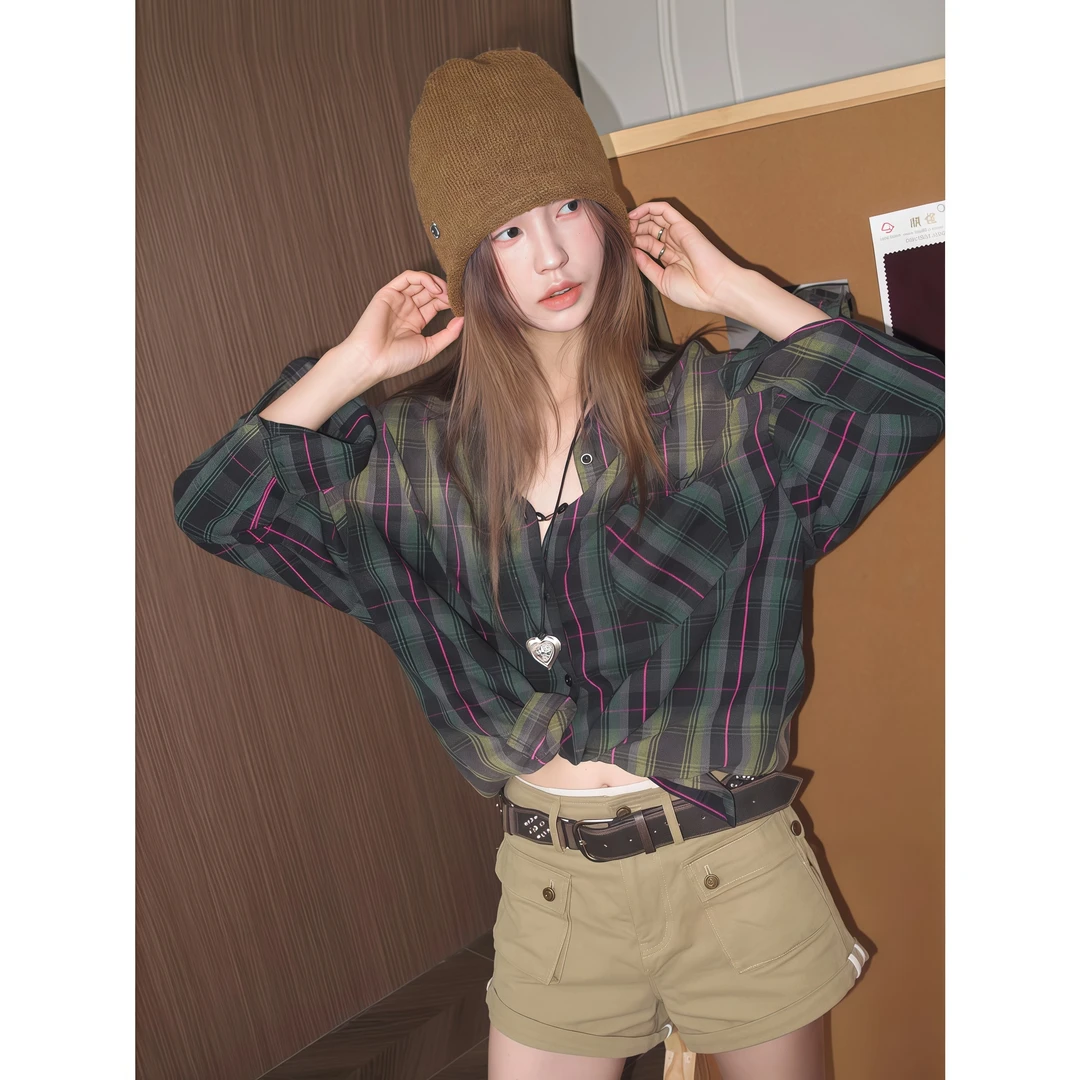 美式复古渐变色格子polo领衬衫女装秋季休闲宽松百搭气质外套上衣