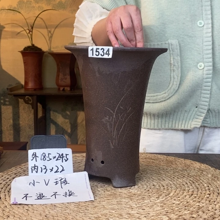 紫砂花盆  微瑕紫泥高温刻绘圆签筒1534