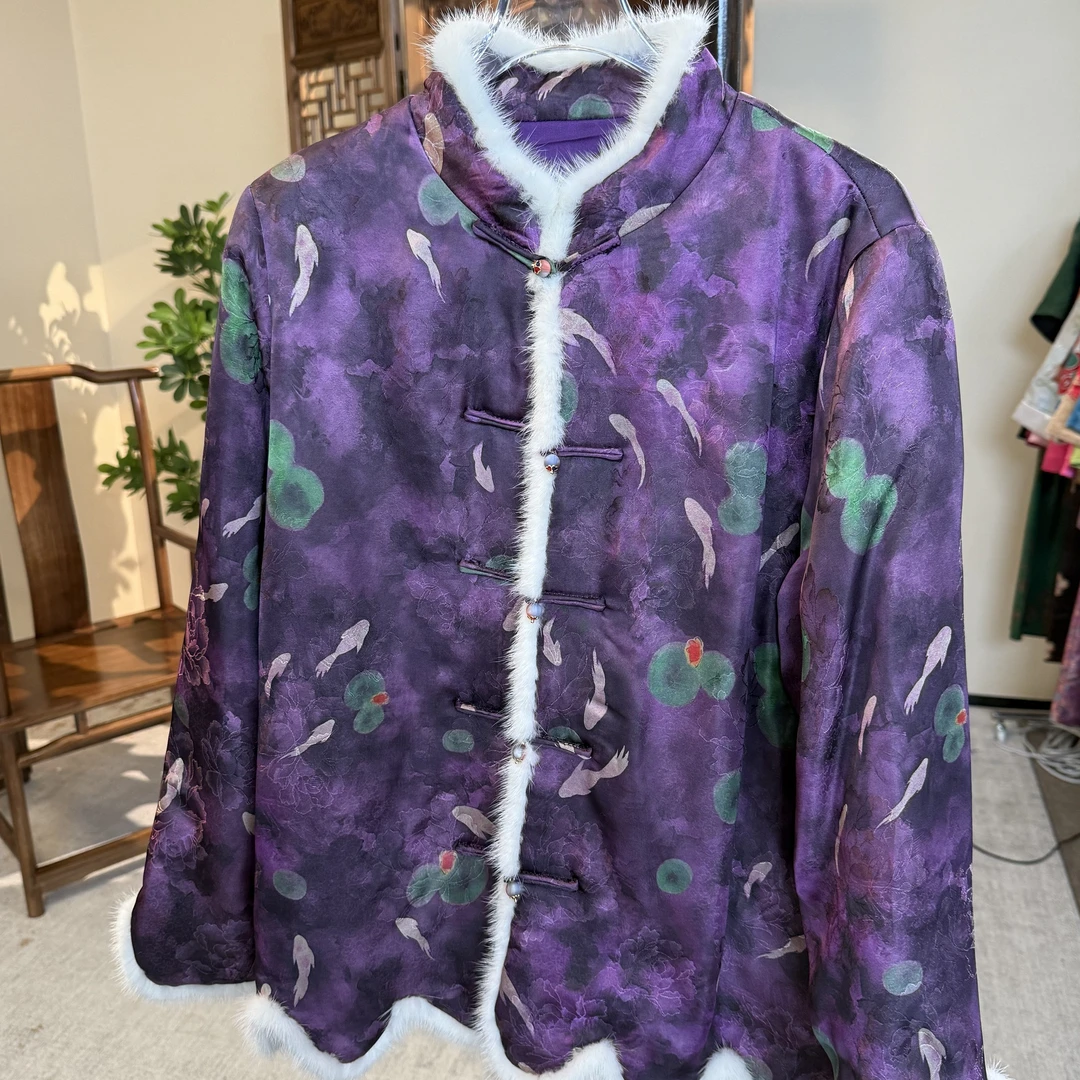 秋冬季新款香云纱女复古中式宽松紫色金鱼印花国风夹棉外套8979