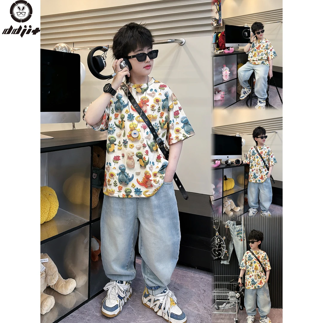 蛋蛋家【 3D恐龙】夏款时尚街头男童彩色满印3D印花恐龙短袖T恤