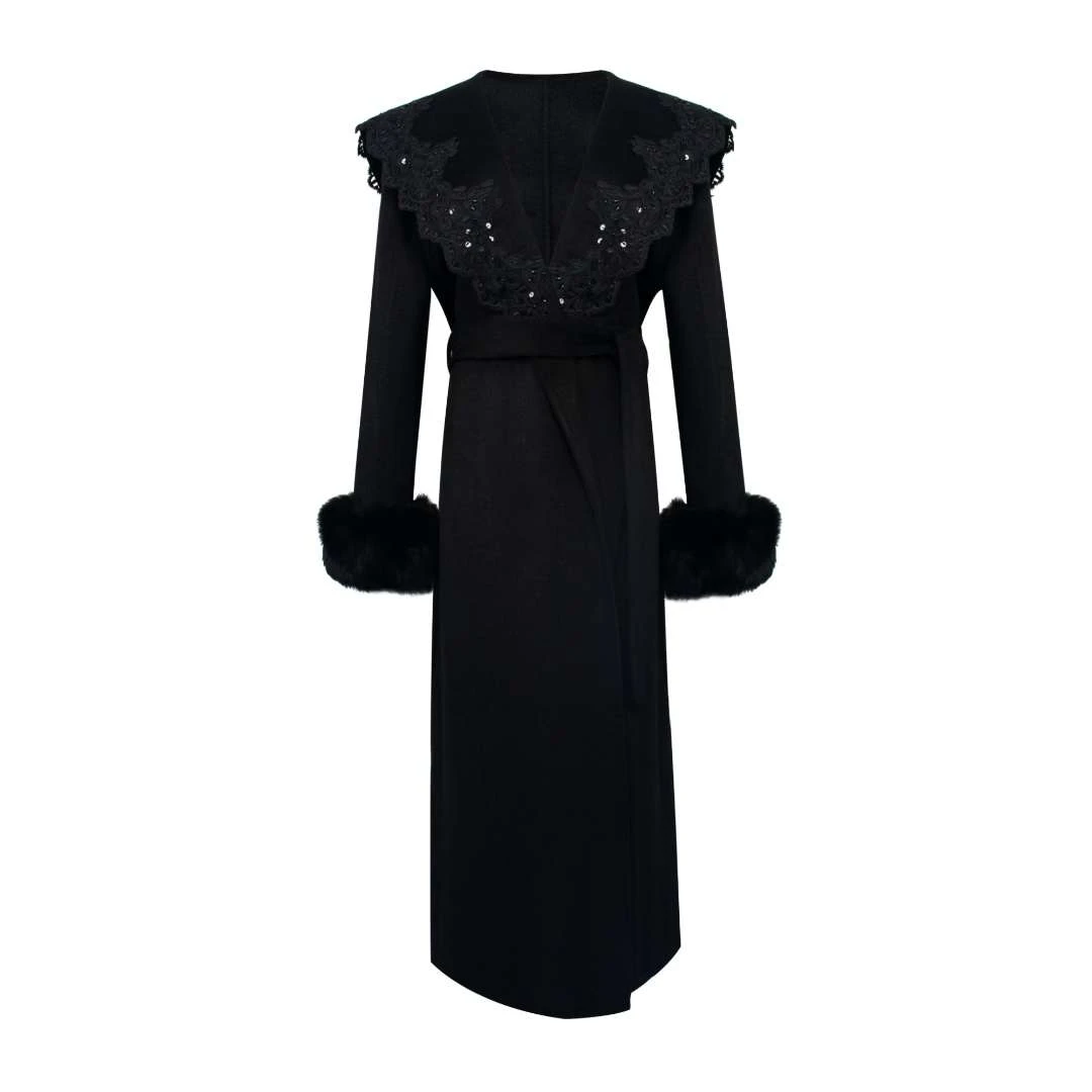 海军领蕾丝袖口毛大衣214-TOW2305182