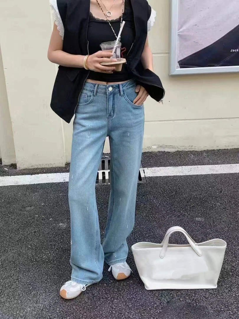 【7648】女#设计感高腰直筒宽松牛仔裤
