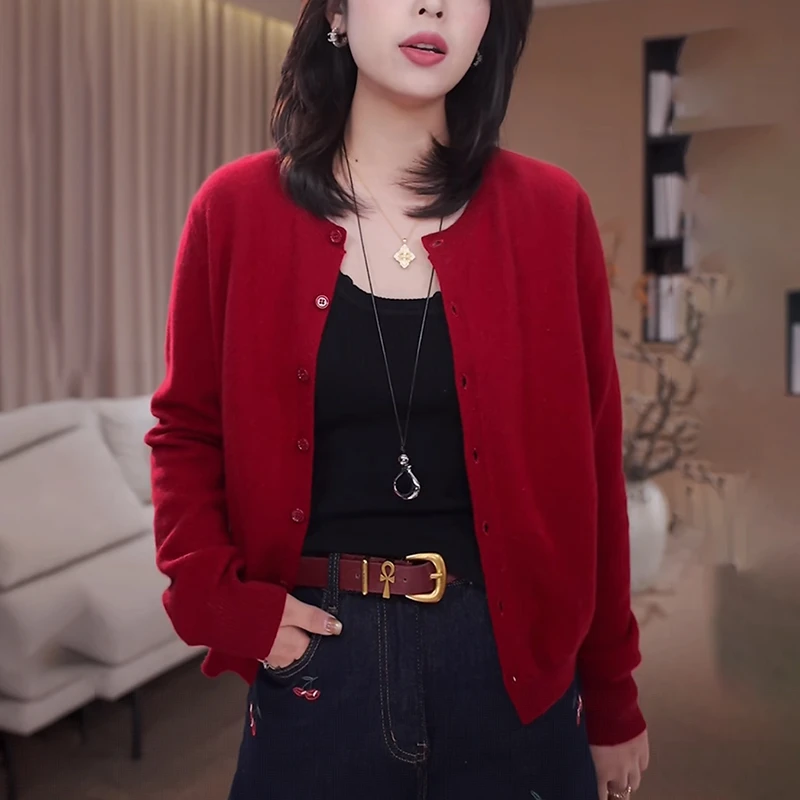 针织开衫外套薄款女士2025秋季新款洋气减龄慵懒风高级感红色毛衣