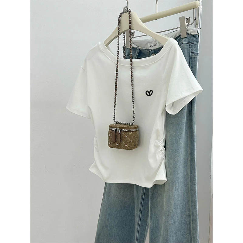 小众斜肩白色短袖t恤女2025新款设计感时尚百搭洋气显瘦上衣夏季