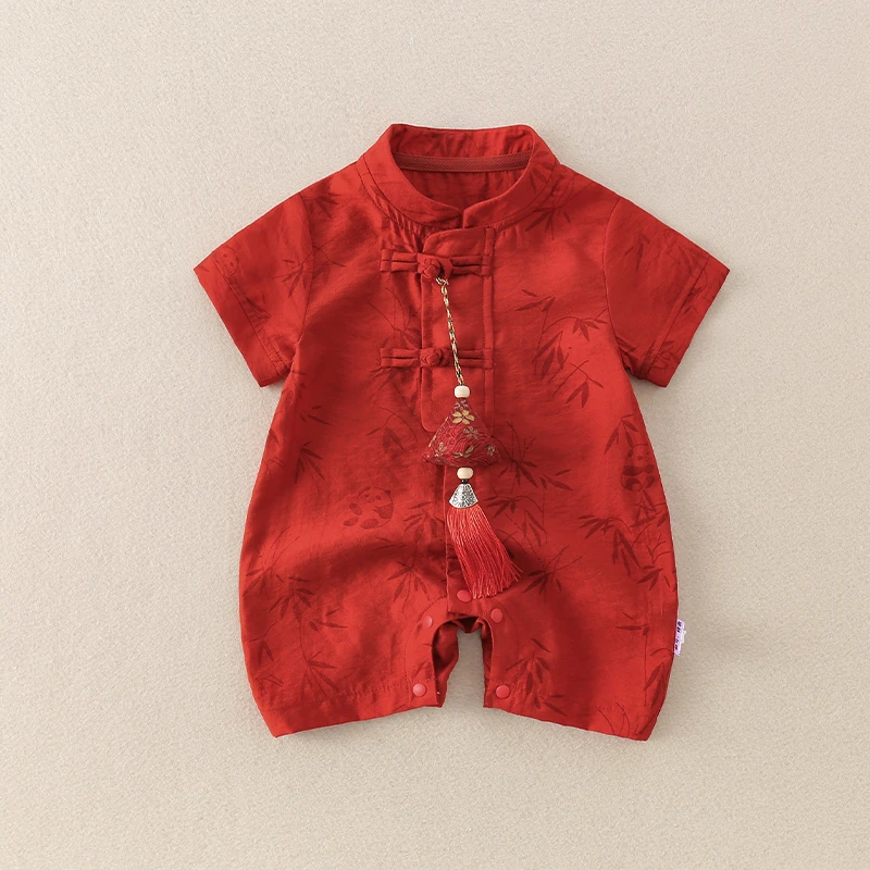 婴儿夏季新款连体衣新生儿男女宝夏装薄款满月百天国风礼服外出服