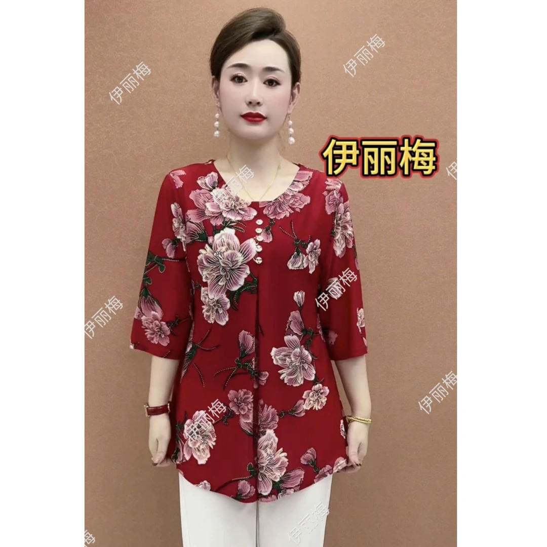 2025春夏新款中袖减龄百搭宽松遮肚大码中长款A版花朵衫中老年妈