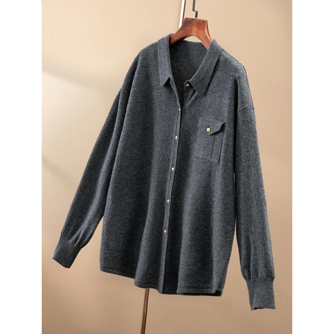 春天家 品质通勤 高格调 法柜100绵羊毛花纱毛衣衬衫女74E3