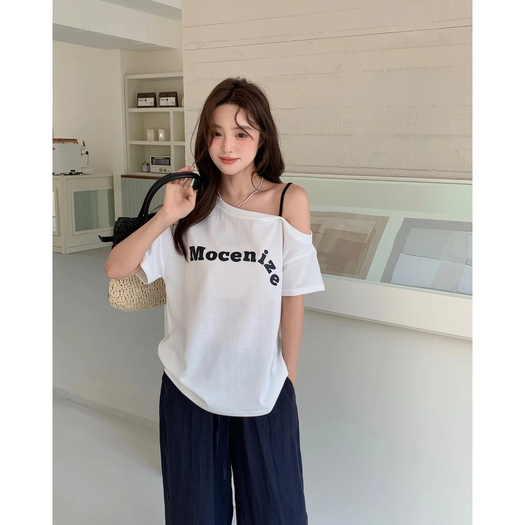 玳妮【惬意斜肩T】夏季吊带斜肩带印花短袖T恤懒人出街百搭休闲上衣