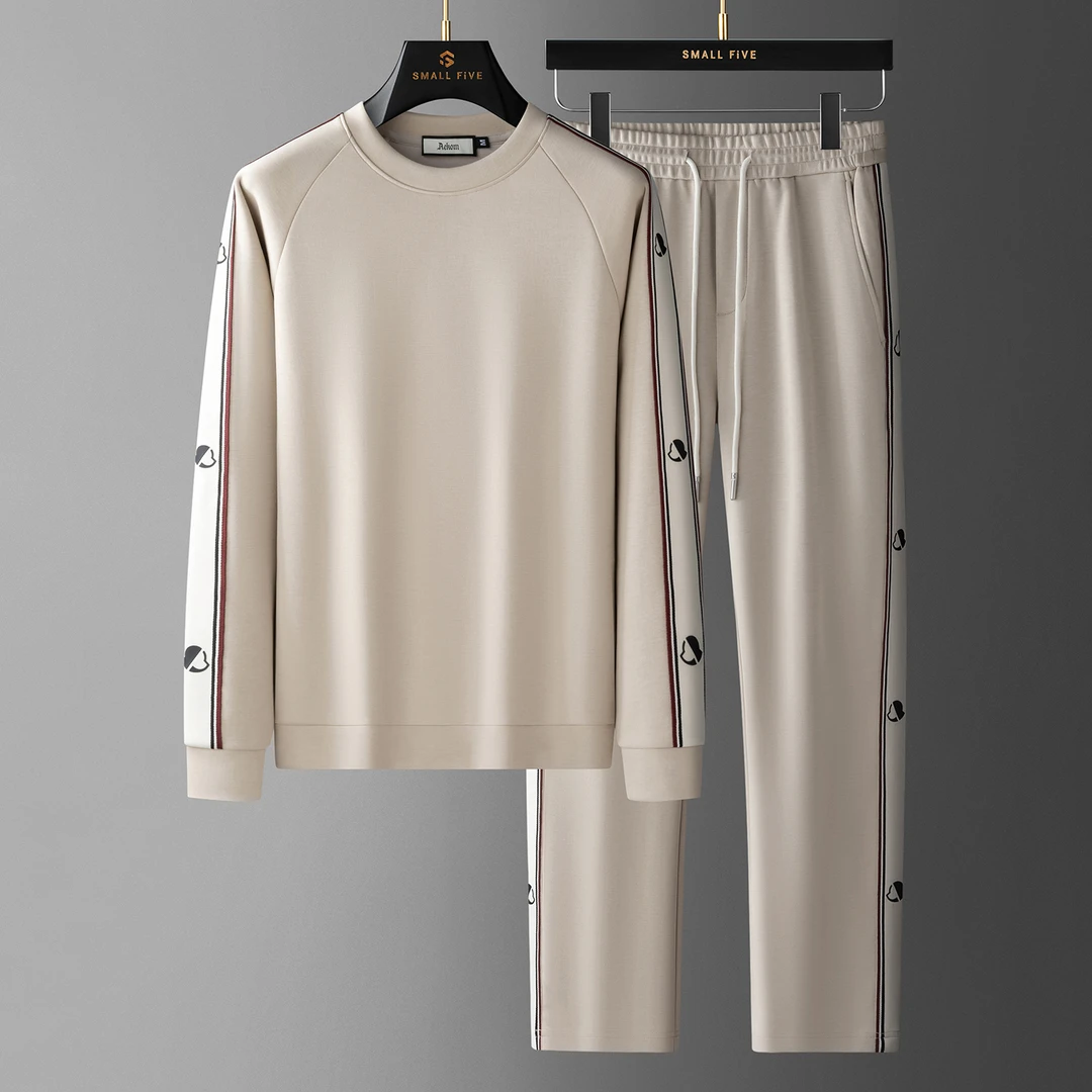 卫衣两件套男士秋季高端莫代尔棉空气层撞色织带休闲圆领运动套装