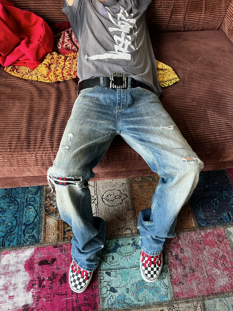 RISK IN PEACE R.01贴布竹节束纹牛仔裤